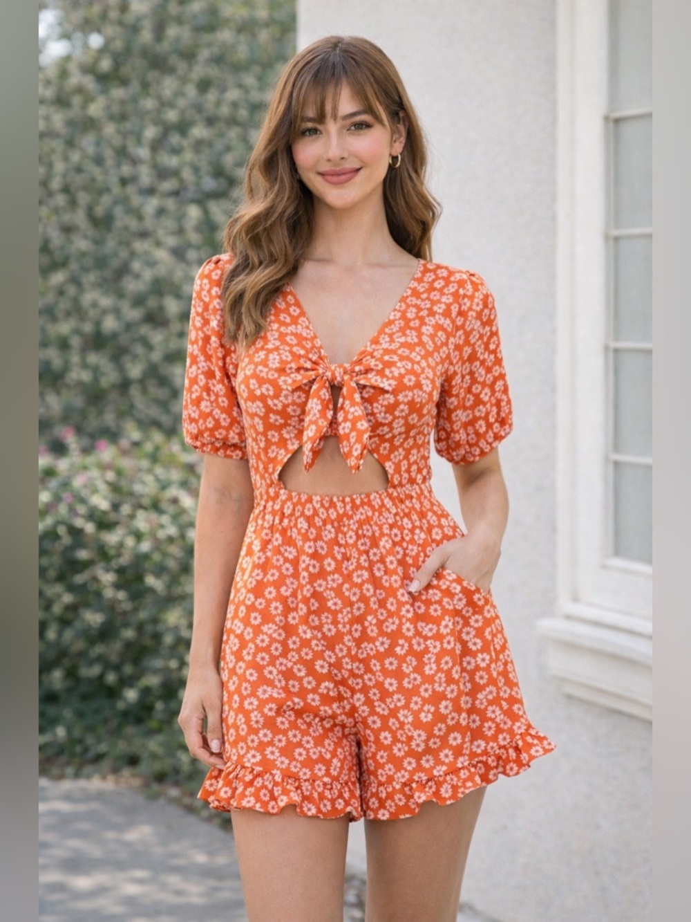 Urban Outfitters | Orange White Floral Front Tie Short Sleeve Romper - Size S